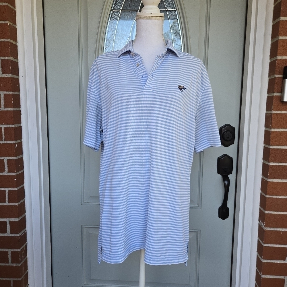 Peter Millar Hales Performance Jersey Polo Golf Blue White Stripe Summer Comfort